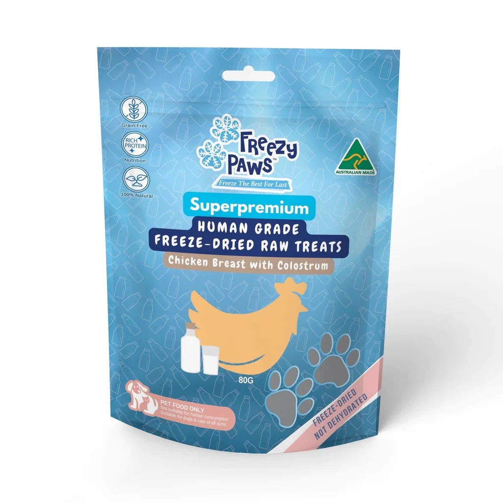 Freezy Paws Freeze Dried Human Grade Chicken Breast Colostrum Cat Treats 80g 3 Freezy Paws Freeze Dried Human Grade Chicken Breast Colostrum Cat Treats 80g